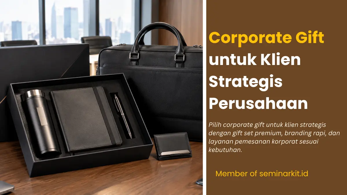 Corporate gift untuk klien strategis perusahaan berisi gift set eksekutif tumbler, notebook, pulpen, dan tas kerja