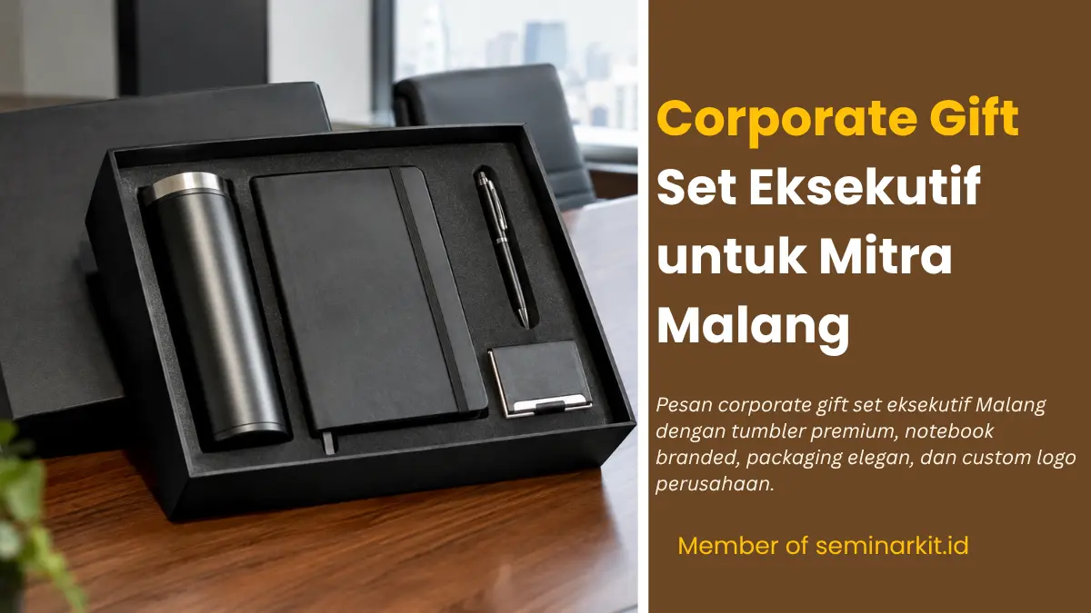 Corporate gift set eksekutif Malang berisi tumbler premium, notebook branded, pulpen, dan tempat kartu nama dalam box hitam