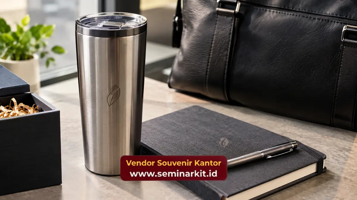 Detail tumbler stainless dengan logo grafir, notebook, dan pulpen untuk hampers akhir tahun korporat