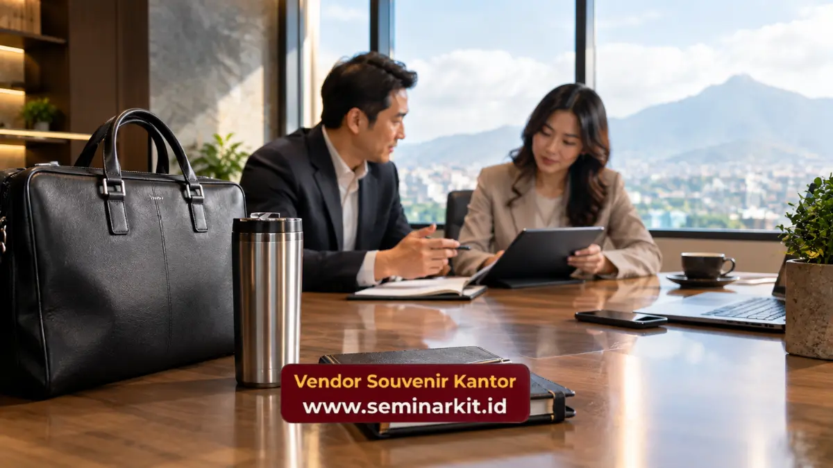 Tas kerja, tumbler stainless, dan notebook di ruang rapat saat pertemuan dengan mitra bisnis
