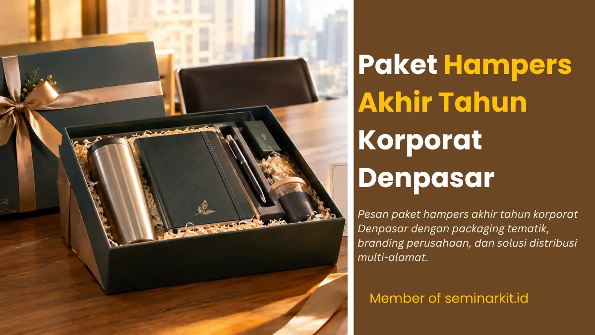 Paket hampers akhir tahun korporat Denpasar berisi tumbler, notebook, pulpen, dan produk pelengkap dalam box dengan pita