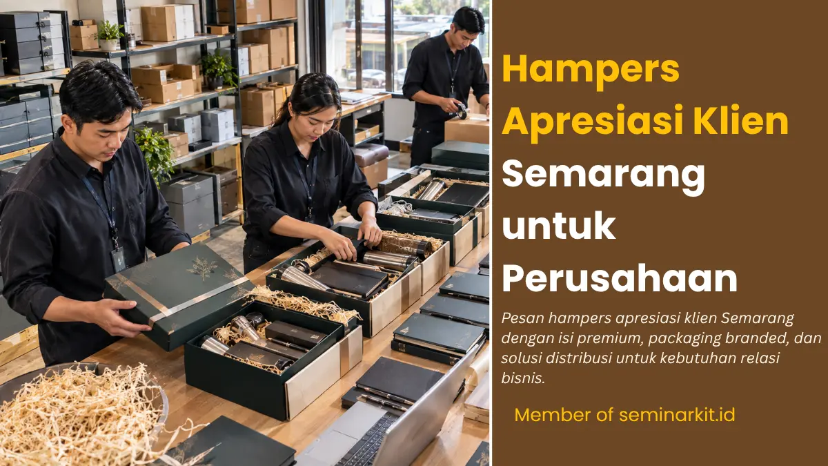 Tim packing menyusun hampers apresiasi klien Semarang berisi tumbler premium, notebook branded, dan alat tulis