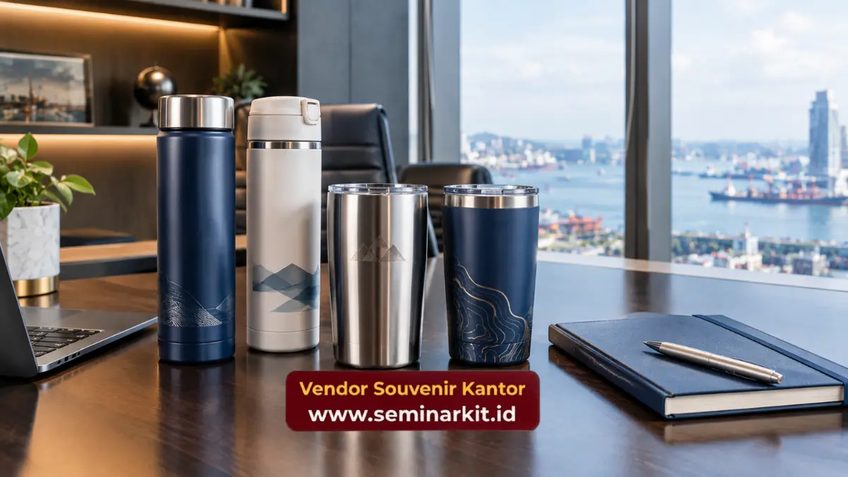 Penggunaan merchandise tumbler dan notebook saat meeting