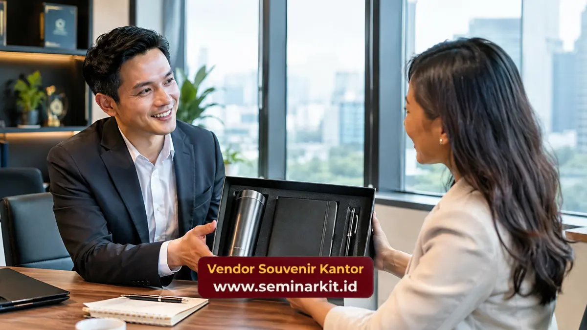 Penyerahan corporate gift kepada klien strategis dalam pertemuan bisnis