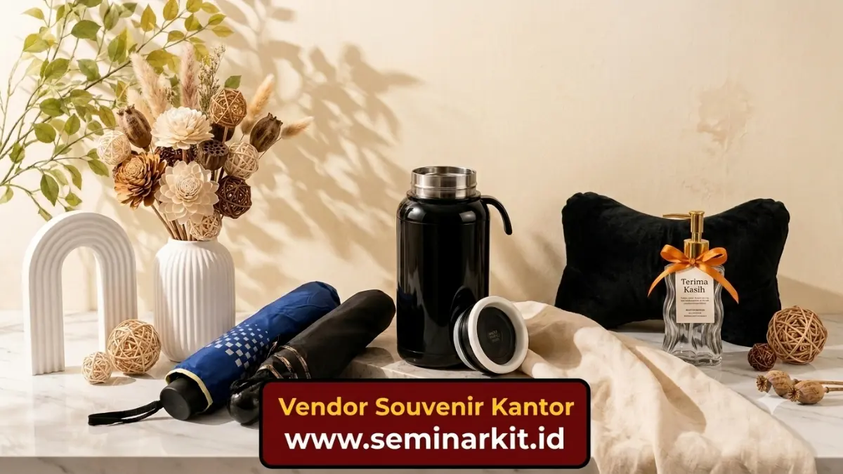 Souvenir kantor populer seperti tumbler, alat tulis premium, dan tas untuk klien dan karyawan