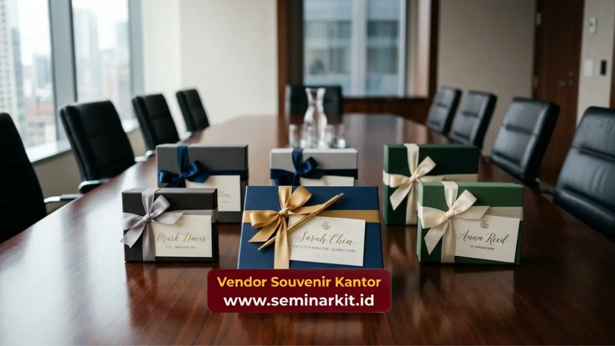 Penempatan Souvenir Kunjungan Bisnis Klien di Meja Meeting