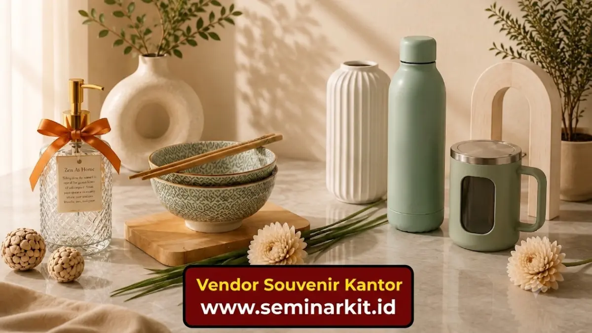 Tim purchasing mengevaluasi berbagai contoh produk souvenir kantor sebelum melakukan pemesanan massal