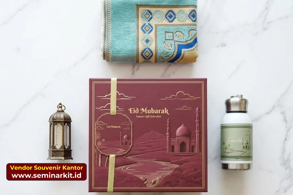 Detail kemasan hampers lebaran dengan branding perusahaan